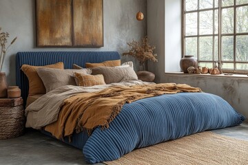 Serene Bedroom Interior Design with Blue Velvet Bed and Earthy Tones