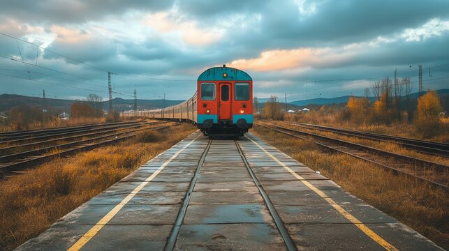Train Travels Along Tracks in a Rural Landscape During Sunset With Colorful Sky