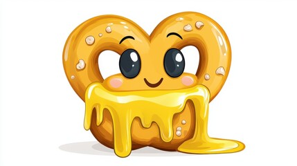 Kawaii sticker design featu a cute smiling soft pretzel dripping with melted butter or cheese in vibrant colors and style