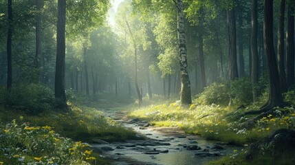 Obraz premium Sunlit forest path with a stream, lush foliage, and wildflowers.