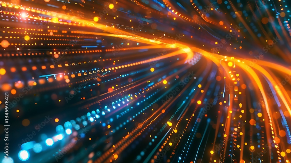 Poster abstract orange and blue data streams flowing. futuristic tech network, data visualization and conne