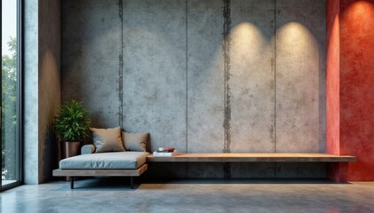Textured concrete wall with modern metallic accents, concrete, metallic