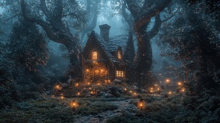 Obraz premium Mystical, enchanted forest cottage nestled amidst ancient trees, illuminated by warm, glowing lanterns.