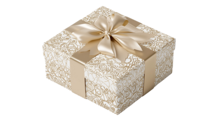Golden Gift Box Wrapped in Intricate White Floral Patterns with Radiant Gold Ribbon Bow for Elegant Festive Occasions - Eid Mubarak 2025 Islamic PNG Isolated Transparent White 4K Background Download