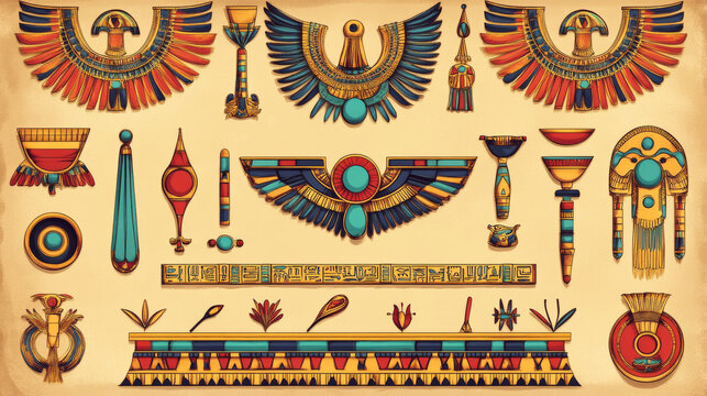 Egyptian game ui icon of border or divider. Cartoon vector illustration set of treasure ancient Egypt frame asset made of gold with red and turquoise gem stones. Pharaoh golden ornament and jewelry.