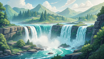 Fototapeta premium Waterfall cascading down rocks with lush mountain background