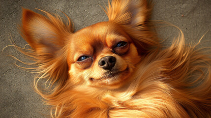 Naklejka premium A beautiful long-haired dog with a relaxed face expression enjoying the warm sunlight captured in a peaceful outdoor setting.
