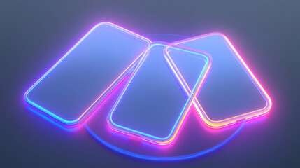 Realistic set of 3D smartphones with neon light effect isolated on transparent background. Vector illustration of mobile phone mockup with blank touchscreen in blue circle frame. Modern technology