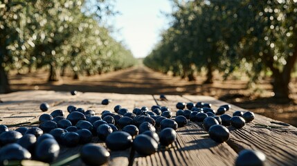 Obraz premium Shiny black olives scattered on a wooden table, with an olive grove stretching beyond.