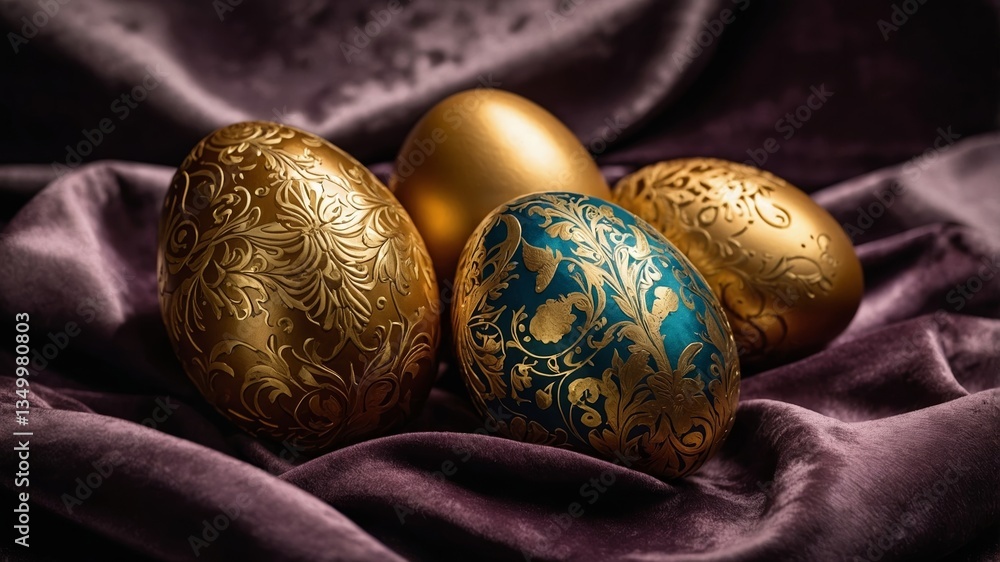 Poster decorative easter eggs displayed on a plush fabric in a warm, ambient setting during the spring seas