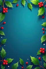 Vector illustration of a blue background featuring holly leaves and berries, evergreen trees, modern christmas illustration