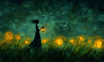 Silhouette of a woman in a flowing dress, holding a lantern, walking through a field of glowing flowers under a swirling night sky