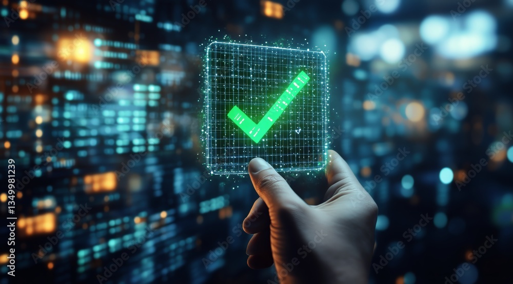 Poster digital approval interface displayed on a holographic screen in a futuristic environment