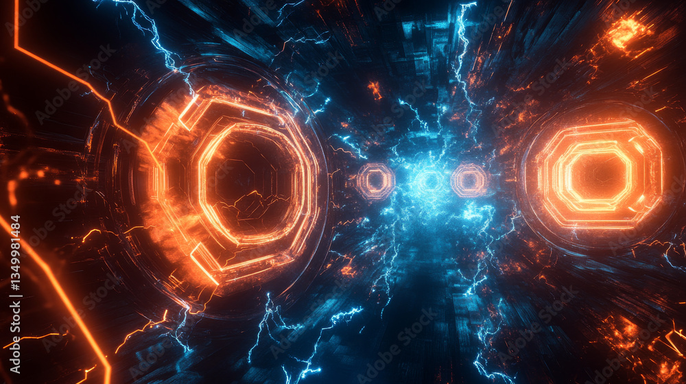 Poster magic portals set with lightning strike and shimmering effects. vector realistic illustration of rou