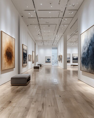 Obraz premium Modern Art Gallery Interior Displaying Abstract Paintings 