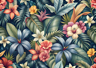 Vibrant Tropical Flowers and Lush Foliage Pattern