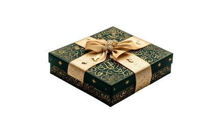 Decorative Gift Box in Green with Golden Patterns and Wide Ribbon Bow for an Elegant Festive Look - Eid Mubarak 2025 PNG Isolate Transparent Islamic Object Festive Banner 4K Background Download