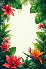 Vibrant exotic leaves and flowers in lush tropical garden, leaves, tropical