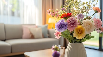 Colorful bouquet in a vase, living room decor