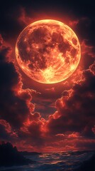 Full red moon glowing above ocean with dramatic clouds high resolution picture