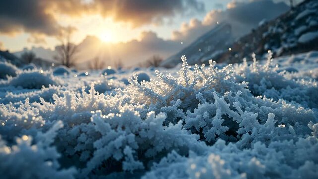 Close Up Of Frosted Plants With Sparkling Sunlight And Mountain Range In Background