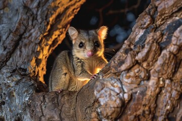 Obraz premium Nocturnal mountain brushtail possum cautiously emerging tree hollow illuminated warm golden light rich cinematic contrast dynamic shadow National Geographic inspired wildlife photography 200mm