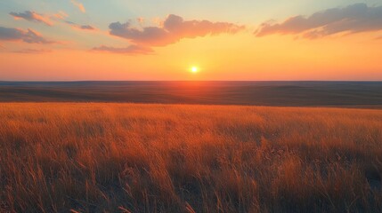 Fototapeta premium Golden sunset over a vast grassy plain.