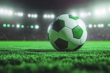Fototapeta premium 3D rendering of a green soccer ball in a stadium background. Digital illustration of a football for a sport game
