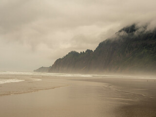 Oregon coast on foggy cloudy day
