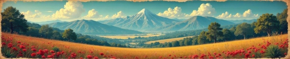 Fototapeta premium Vintage style blueprint illustration over a scenic landscape, blueprint, nature