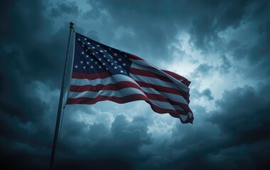 American Flag Waving Proudly Against Dramatic Stormy Sky Backdrop