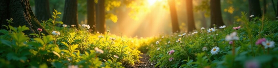 Obraz premium Warm rays illuminate ferns and wildflowers in a sunlit forest glade, natural colors, wildflowers