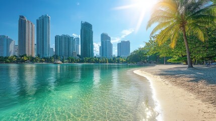 Obraz premium Sunny Miami Beach cityscape with skyscrapers, turquoise water, and palm trees.