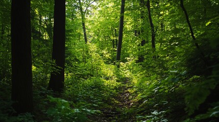 Obraz premium Sun-Dappled Forest Path: A Serene Woodland Scene