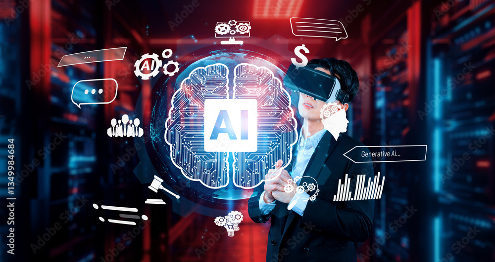 Poster smart business man with headset standing at data center while using ai assistance. project manager p
