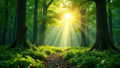 Fototapeta premium Warm sunlight filtering through forest canopy creates emerald glow, sunlight, forest