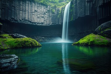 Serene waterfall cascading into a moss-covered, emerald pool within a dramatic canyon
