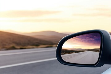 Reflection in side mirror showcases stunning sunset over winding