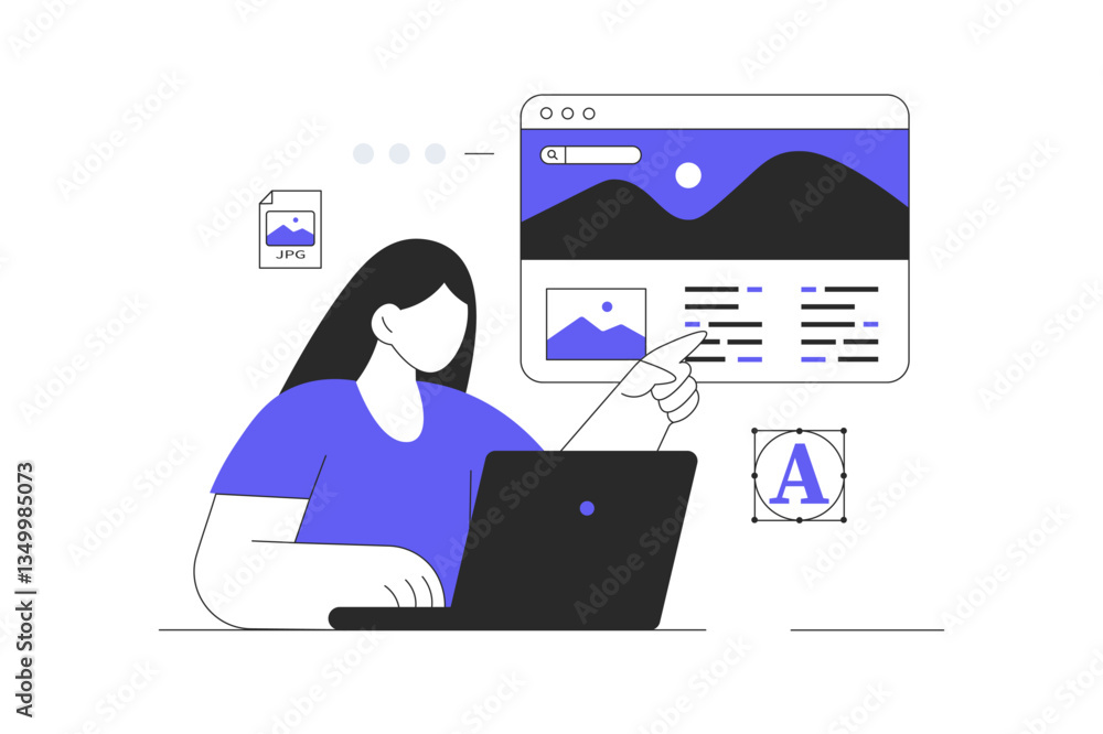 Poster web studio concept. woman work on website landing page, ui ux design and programming. flat cartoon v