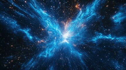 Fototapeta premium Abstract cosmic explosion, with vibrant blue and orange energy radiating outward through a dark space filled with tiny glittering particles.