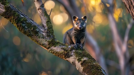 Photo of Northern Brushtail Possum perched moss covered tree branch dusk captured full frame DSLR telephoto lens stunning detail bokeh effect background feature softly blurred Australian eucalyptus