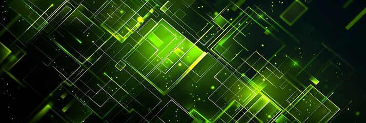 Obraz premium Abstract green geometric squares background. Futuristic tech design with transparent shapes and glowing lines, modern and dynamic.