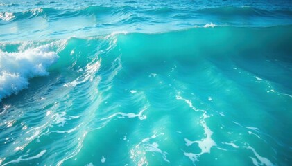 Wavy blue turquoise ocean surface with foamy swells and ripples in sunlight , light, ocean