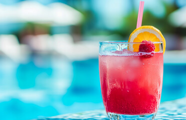 Red drink in a glass by the pool with a soft focus background