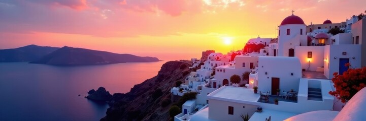 Iconic Oia Santorini sunset, whitewashed houses, Aegean Sea, bright, architecture