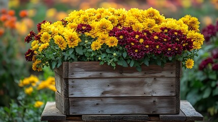 Colorful chrysanthemum blooms in a rustic wooden crate