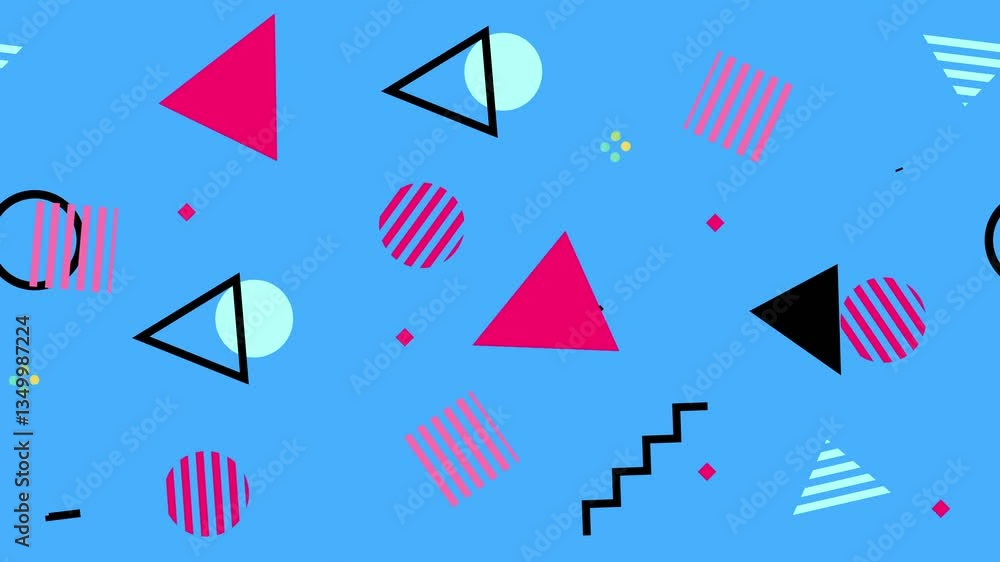 Poster geometric background and abstract designs with various colors are scattered in the background.