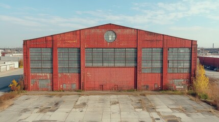 Fototapeta premium Derelict red hangar building with large doors and circular window, viewed from an empty lot.