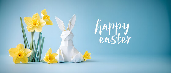 super cute paper easter bunny  and jonquils; floral decor; bright, cheerful blue background