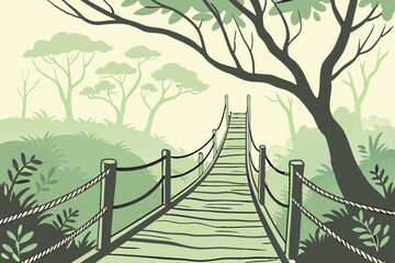 87 Watercolor painting, wooden suspension bridge, forest path, tranquil nature scene, misty atmosphere, soft green foliage, ethereal landscape, rope railings, vanishing point perspective, dreamy wilde